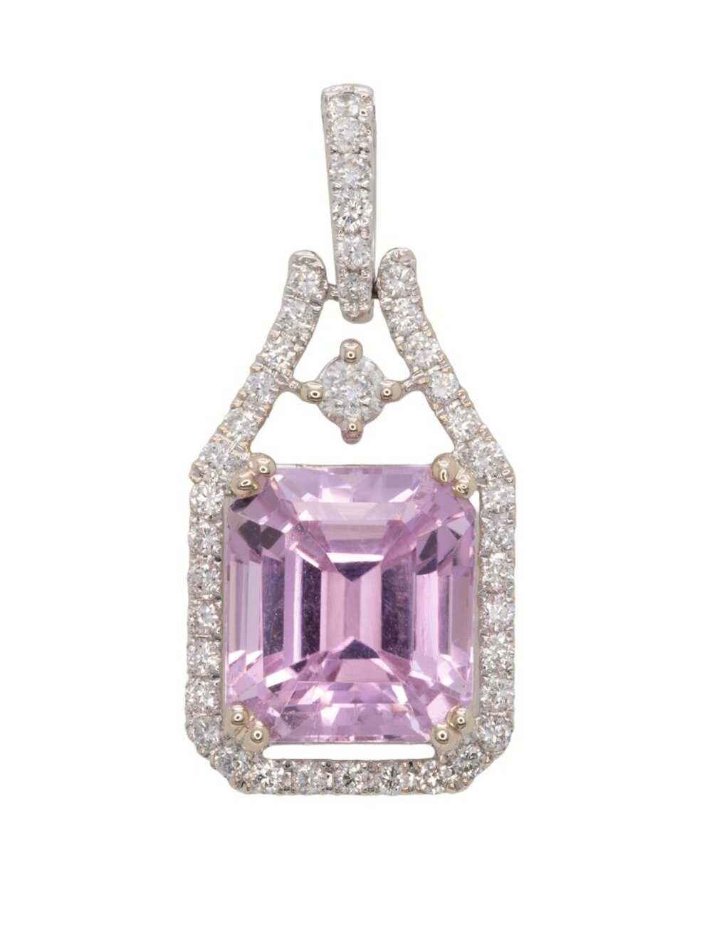 Soft Pink 4.58ct Emerald Cut Kunzite Pendant with Diamonds in 14K White Gold